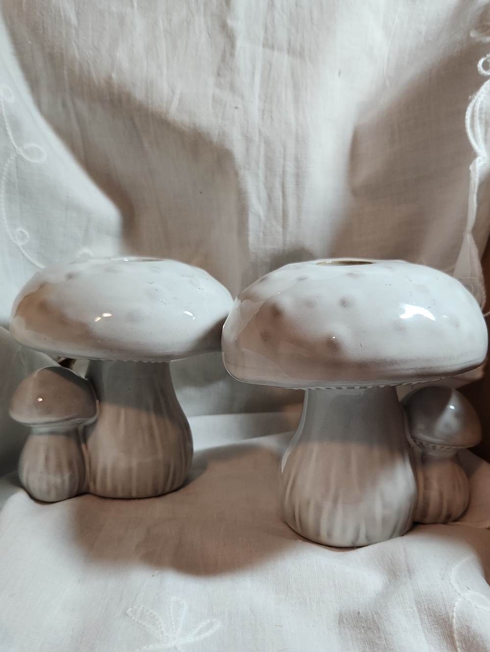 Ceramic Mushroom Tabletop Candleholders - White Glazed Set Of 2